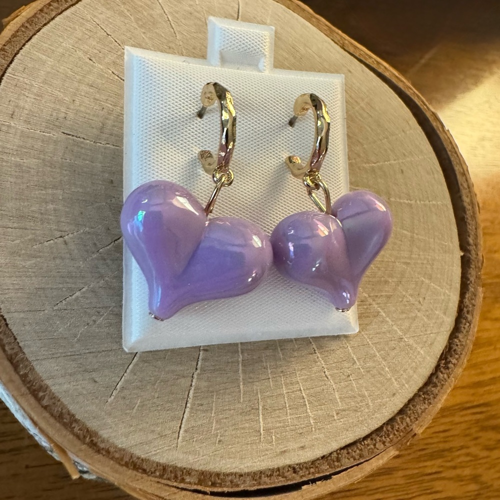 Adorable 3D Puffy Iridescent Purple Heart Huggie Post Hoop Earrings